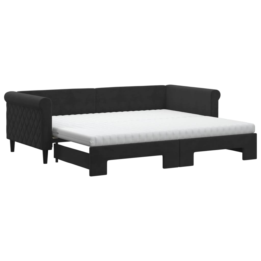 Slaapbank Onderschuifbed En Matrassen Fluweel 90 x 200 cm Zwart met onderschuifbed en matras