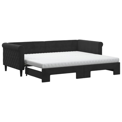 Slaapbank Onderschuifbed En Matrassen Fluweel 90 x 200 cm Zwart met onderschuifbed en matras