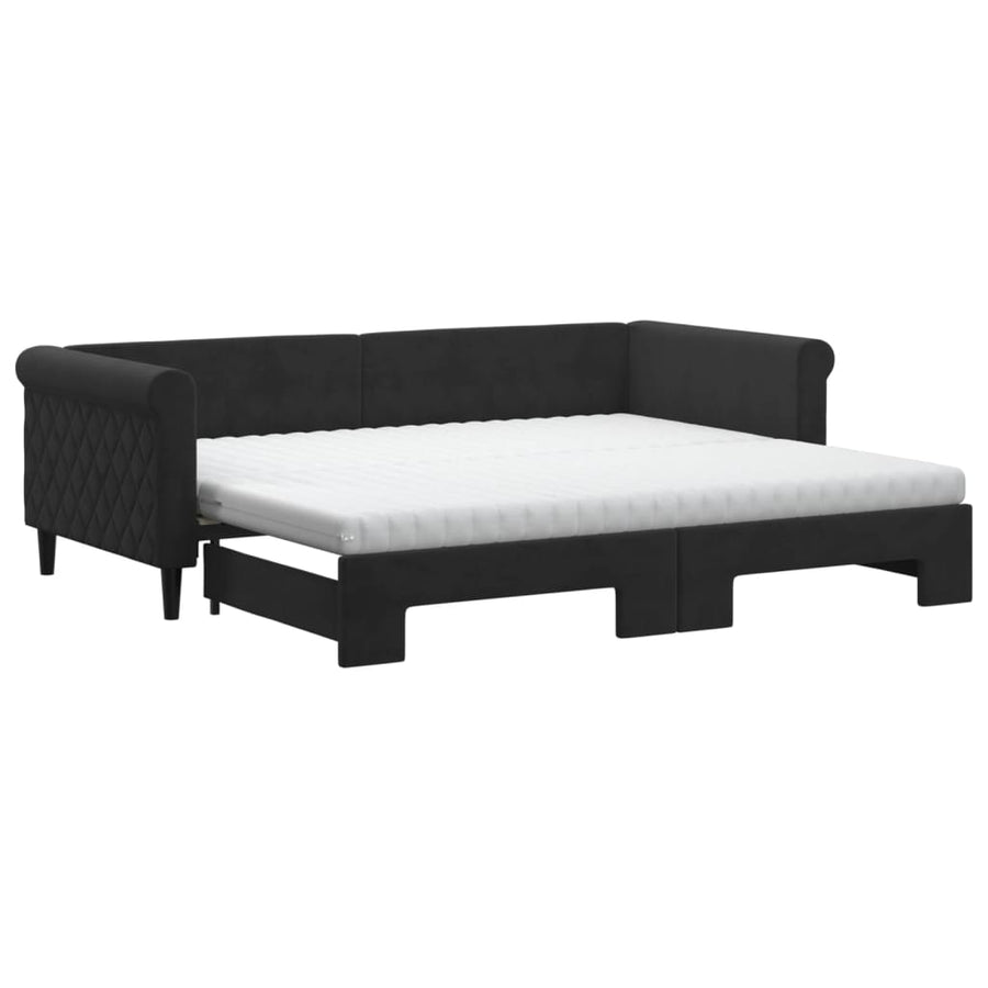 Slaapbank Onderschuifbed En Matrassen Fluweel 90 x 200 cm Zwart met onderschuifbed en matras