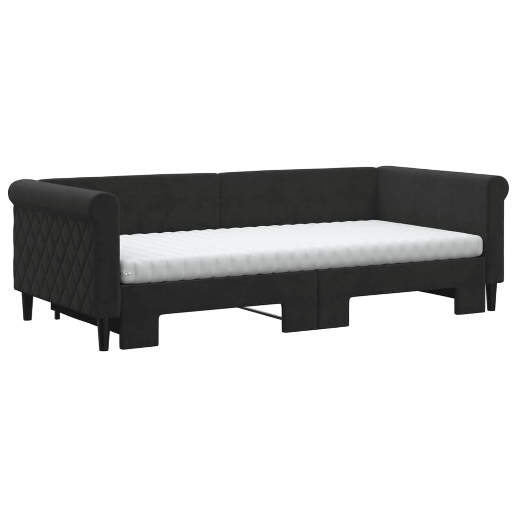 Slaapbank Onderschuifbed En Matrassen Fluweel 90 x 200 cm Zwart met onderschuifbed en matras