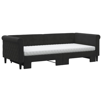 Slaapbank Onderschuifbed En Matrassen Fluweel 90 x 200 cm Zwart met onderschuifbed en matras