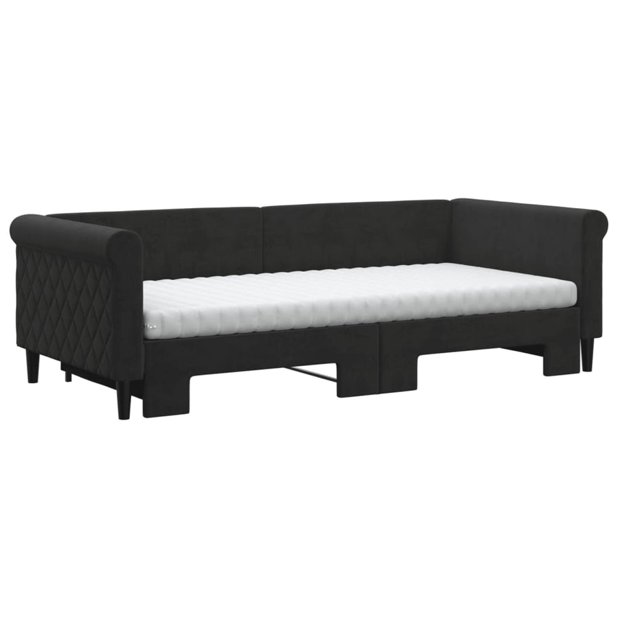 Slaapbank Onderschuifbed En Matrassen Fluweel 90 x 200 cm Zwart met onderschuifbed en matras