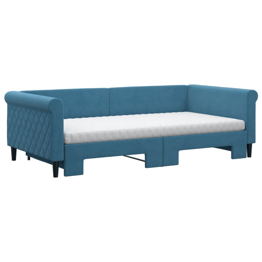 Slaapbank Onderschuifbed En Matrassen Fluweel 100 x 200 cm Blauw met onderschuifbed en matras
