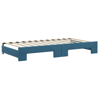 Slaapbank Onderschuifbed En Matrassen Fluweel 100 x 200 cm Blauw met onderschuifbed en matras