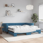 Slaapbank Onderschuifbed En Matrassen Fluweel 100 x 200 cm Blauw met onderschuifbed en matras