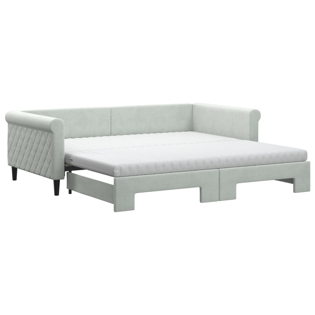 Slaapbank Onderschuifbed Matrassen 100X200Cm Fluweel 100 x 200 cm Lichtgrijs met onderschuifbed en matras