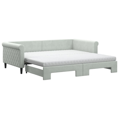 Slaapbank Onderschuifbed Matrassen 100X200Cm Fluweel 100 x 200 cm Lichtgrijs met onderschuifbed en matras