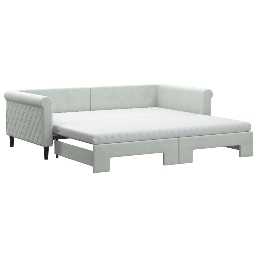 Slaapbank Onderschuifbed Matrassen 100X200Cm Fluweel 100 x 200 cm Lichtgrijs met onderschuifbed en matras
