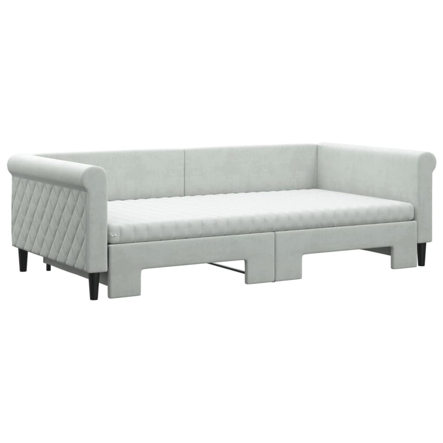 Slaapbank Onderschuifbed Matrassen 100X200Cm Fluweel 100 x 200 cm Lichtgrijs met onderschuifbed en matras