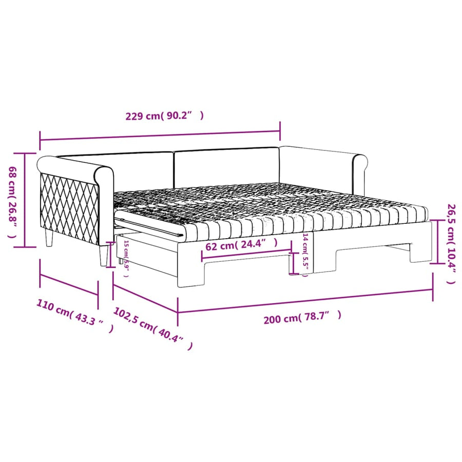 Slaapbank Onderschuifbed Matrassen 100X200Cm Fluweel 100 x 200 cm Lichtgrijs met onderschuifbed en matras