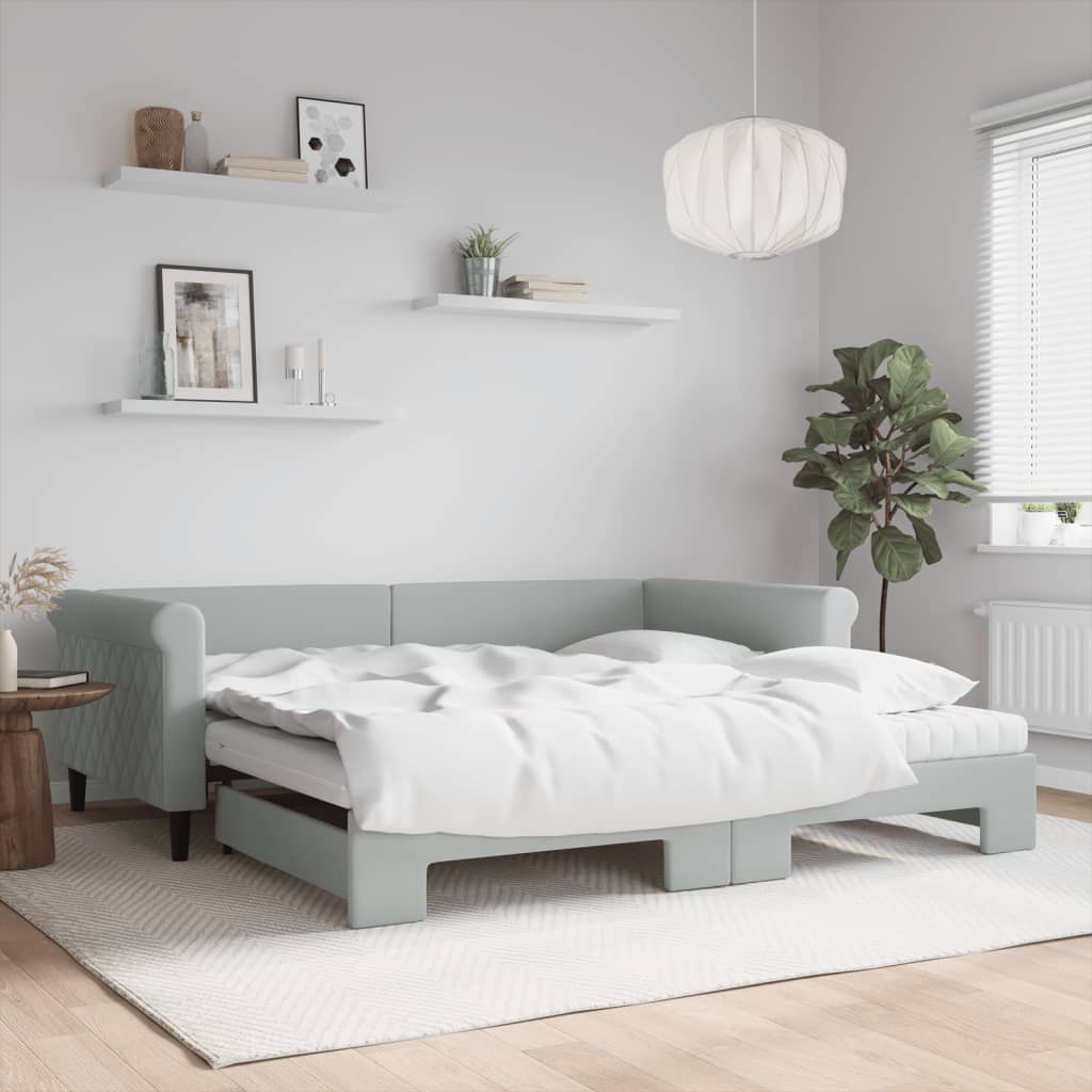 Slaapbank Onderschuifbed Matrassen 100X200Cm Fluweel 100 x 200 cm Lichtgrijs met onderschuifbed en matras