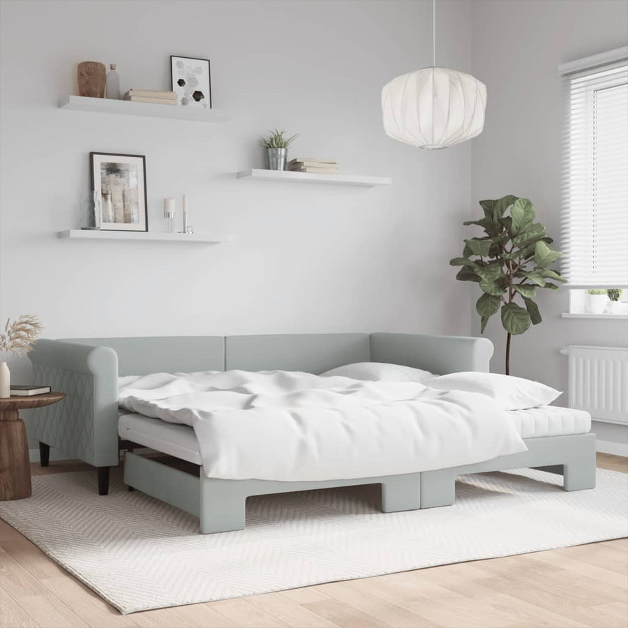 Slaapbank Onderschuifbed Matrassen 100X200Cm Fluweel 100 x 200 cm Lichtgrijs met onderschuifbed en matras