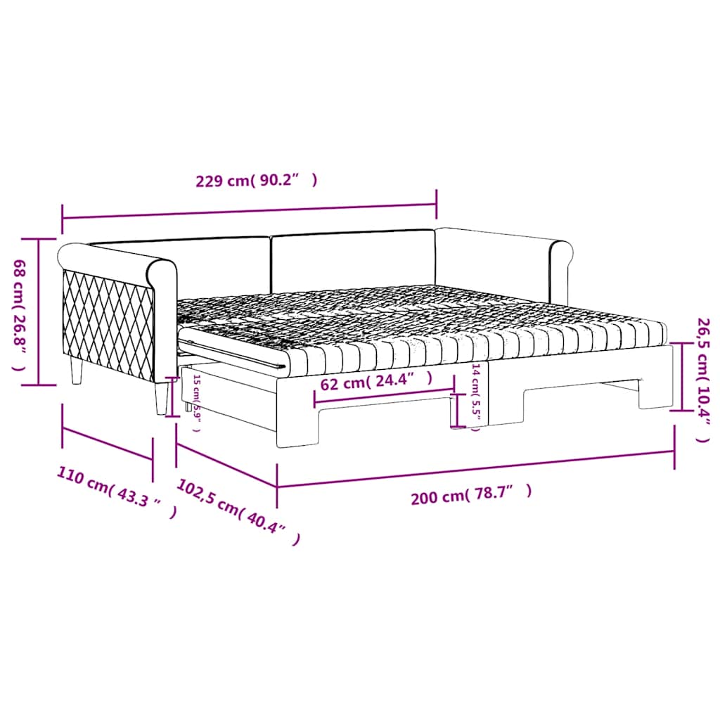Slaapbank onderschuifbed matrassen 100x200cm fluweeldonkergrijs