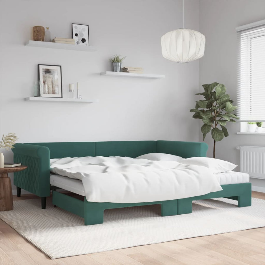 Slaapbank Onderschuifbed Matrassen 100X200Cm Fluweel Donkergroen 100 x 200 cm met onderschuifbed en matras