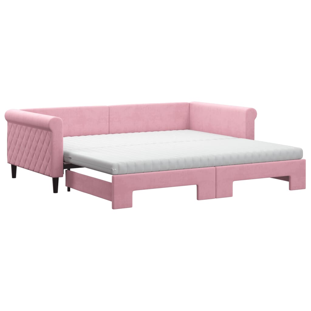 Slaapbank onderschuifbed en matrassen 100x200 cm fluweel roze