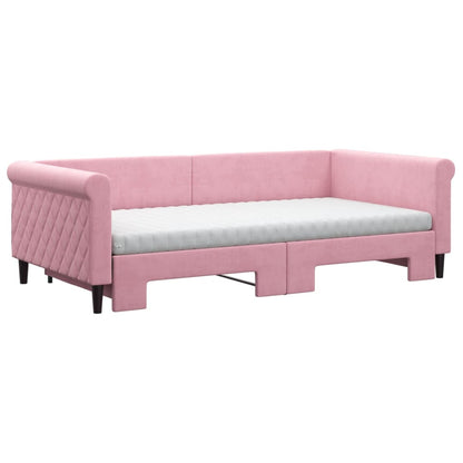 Slaapbank onderschuifbed en matrassen 100x200 cm fluweel roze