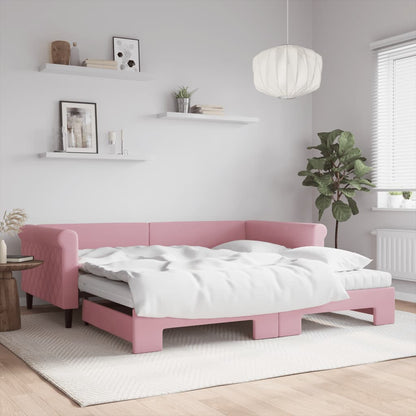 Slaapbank onderschuifbed en matrassen 100x200 cm fluweel roze