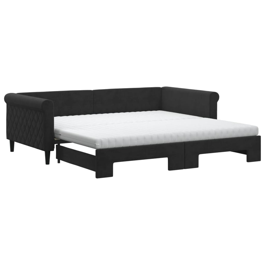 Slaapbank Onderschuifbed En Matrassen Fluweel 100 x 200 cm Zwart met onderschuifbed en matras