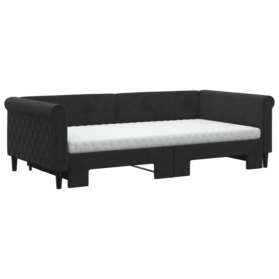 Slaapbank Onderschuifbed En Matrassen Fluweel 100 x 200 cm Zwart met onderschuifbed en matras