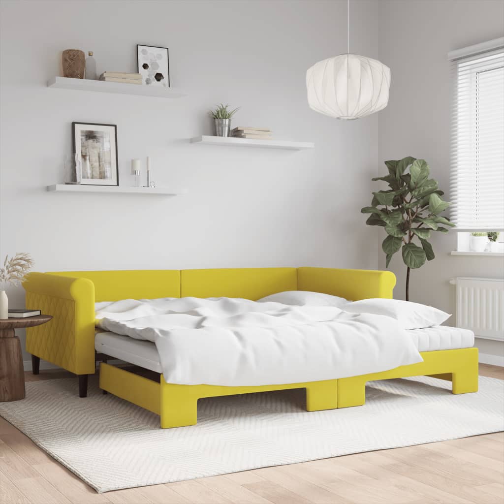 Slaapbank onderschuifbed en matrassen 100x200 cm fluweel geel