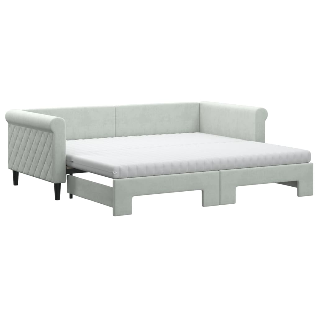 Slaapbank Onderschuifbed Matrassen 100X200Cm Fluweel 90 x 190 cm Lichtgrijs met onderschuifbed en matras