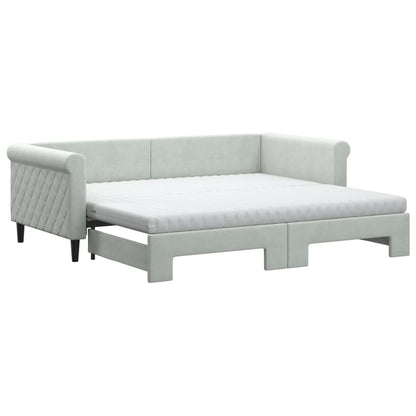 Slaapbank Onderschuifbed Matrassen 100X200Cm Fluweel 90 x 190 cm Lichtgrijs met onderschuifbed en matras