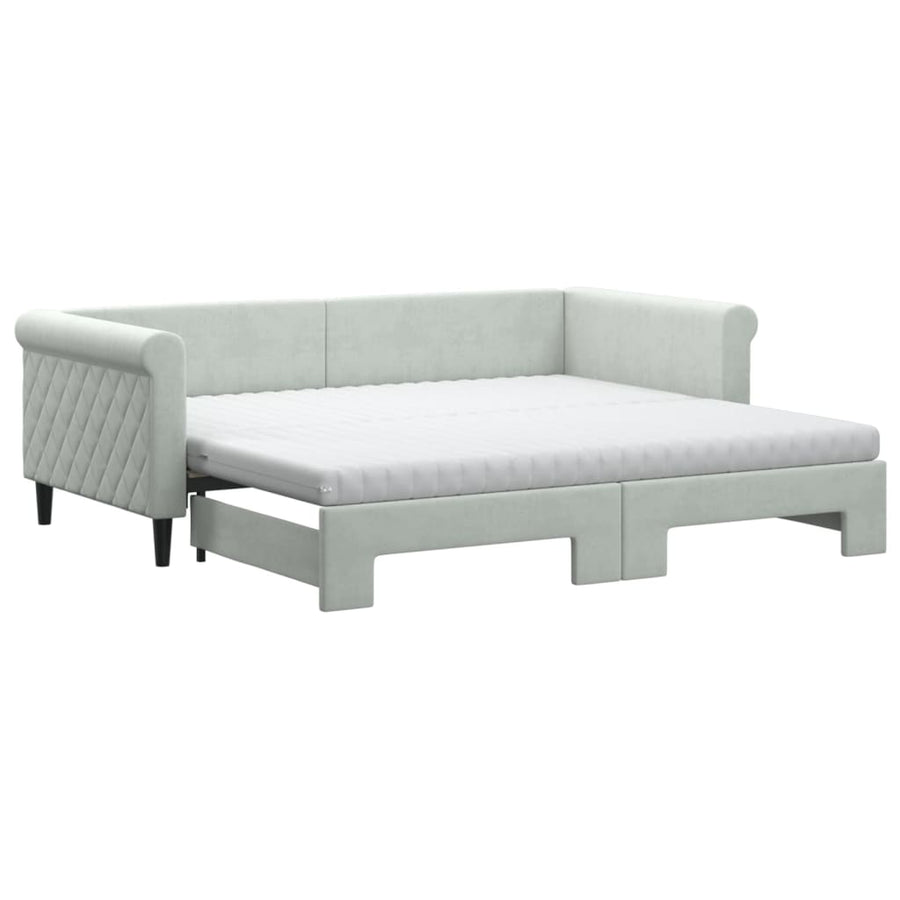 Slaapbank Onderschuifbed Matrassen 100X200Cm Fluweel 90 x 190 cm Lichtgrijs met onderschuifbed en matras