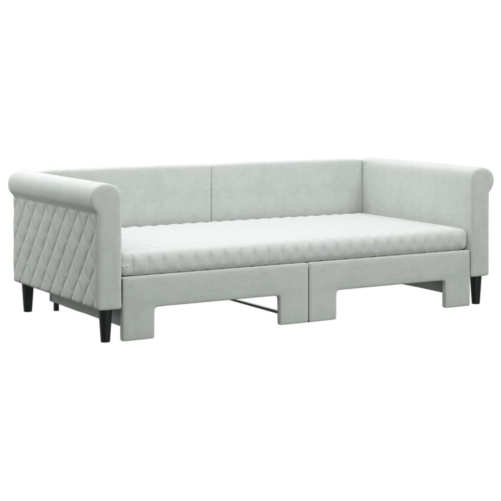 Slaapbank Onderschuifbed Matrassen 100X200Cm Fluweel 90 x 190 cm Lichtgrijs met onderschuifbed en matras