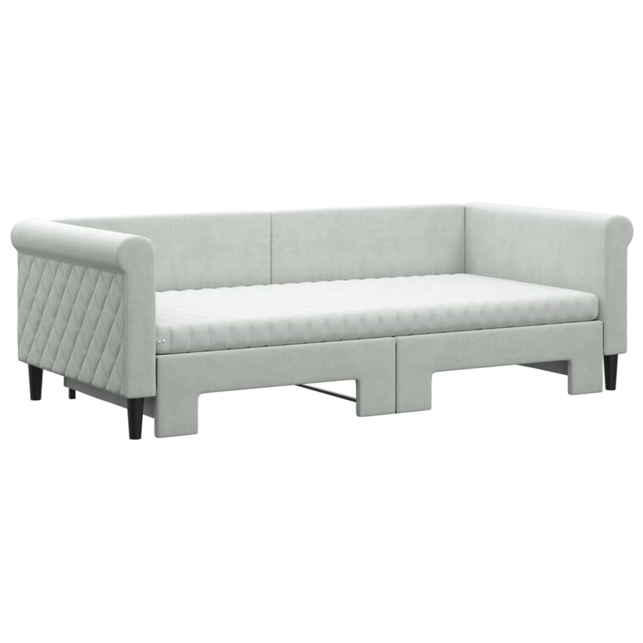 Slaapbank Onderschuifbed Matrassen 100X200Cm Fluweel 90 x 190 cm Lichtgrijs met onderschuifbed en matras