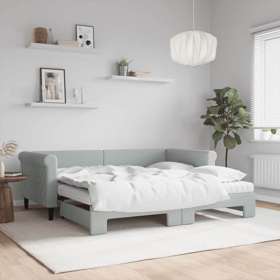 Slaapbank Onderschuifbed Matrassen 100X200Cm Fluweel 90 x 190 cm Lichtgrijs met onderschuifbed en matras