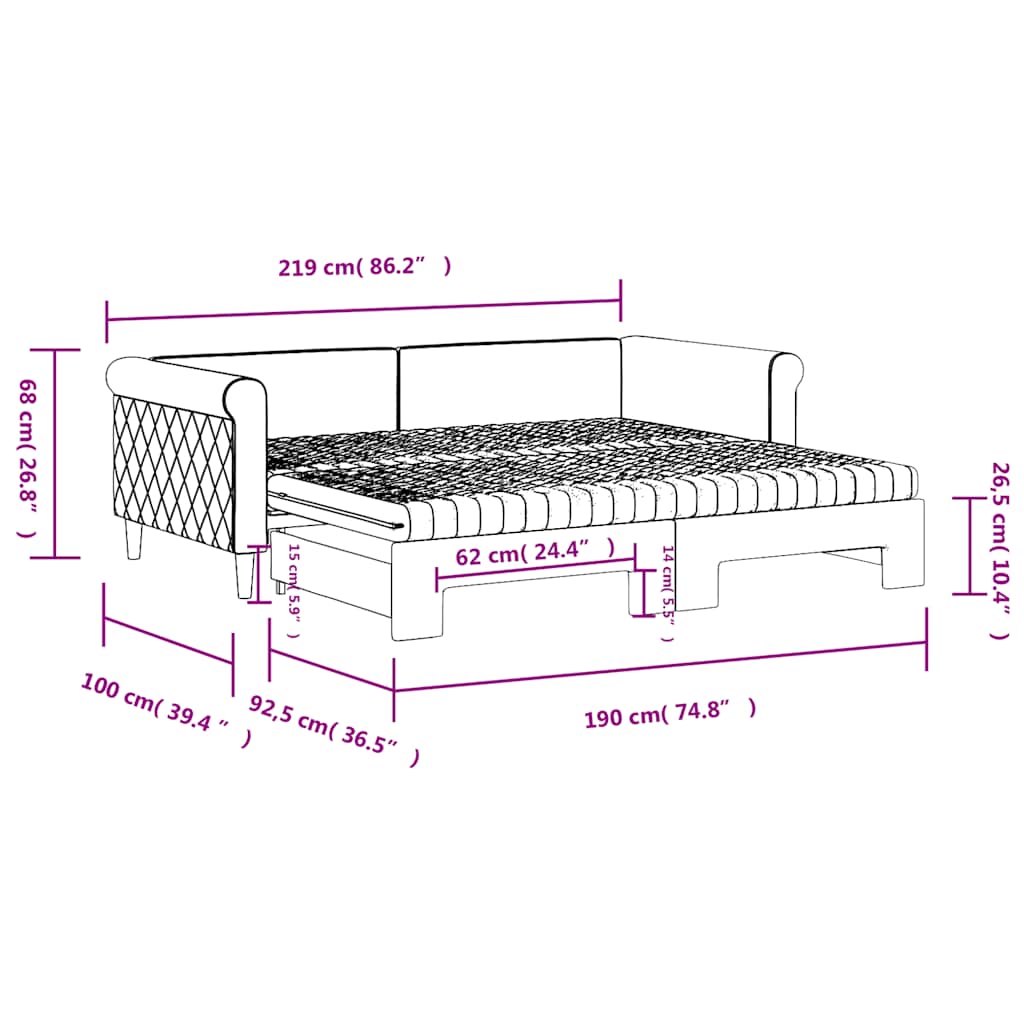 Slaapbank onderschuifbed matrassen 90x190cm fluweel donkergrijs