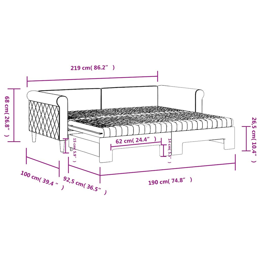 Slaapbank onderschuifbed matrassen 90x190cm fluweel donkergrijs