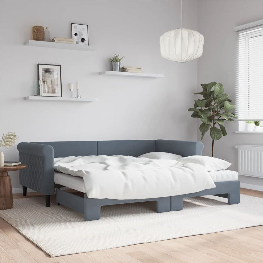 Slaapbank onderschuifbed matrassen 90x190cm fluweel donkergrijs