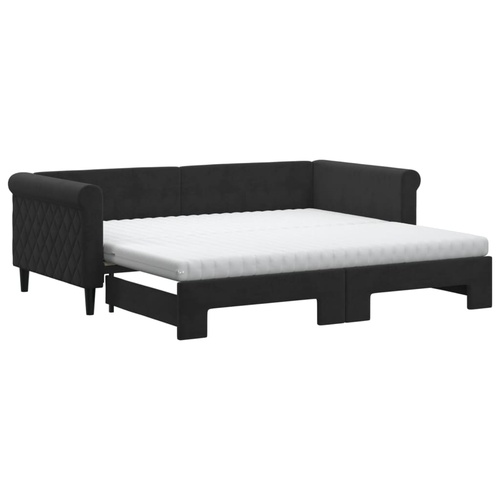 Slaapbank Onderschuifbed En Matrassen Fluweel 90 x 190 cm Zwart met onderschuifbed en matras