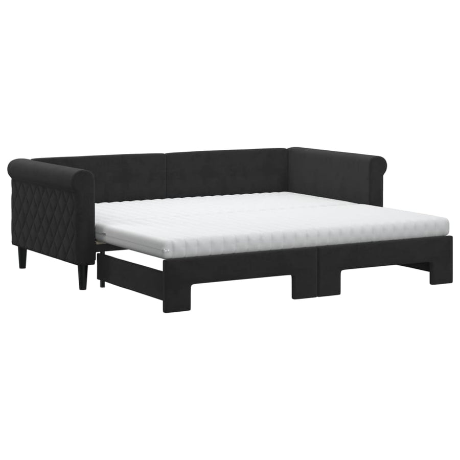Slaapbank Onderschuifbed En Matrassen Fluweel 90 x 190 cm Zwart met onderschuifbed en matras