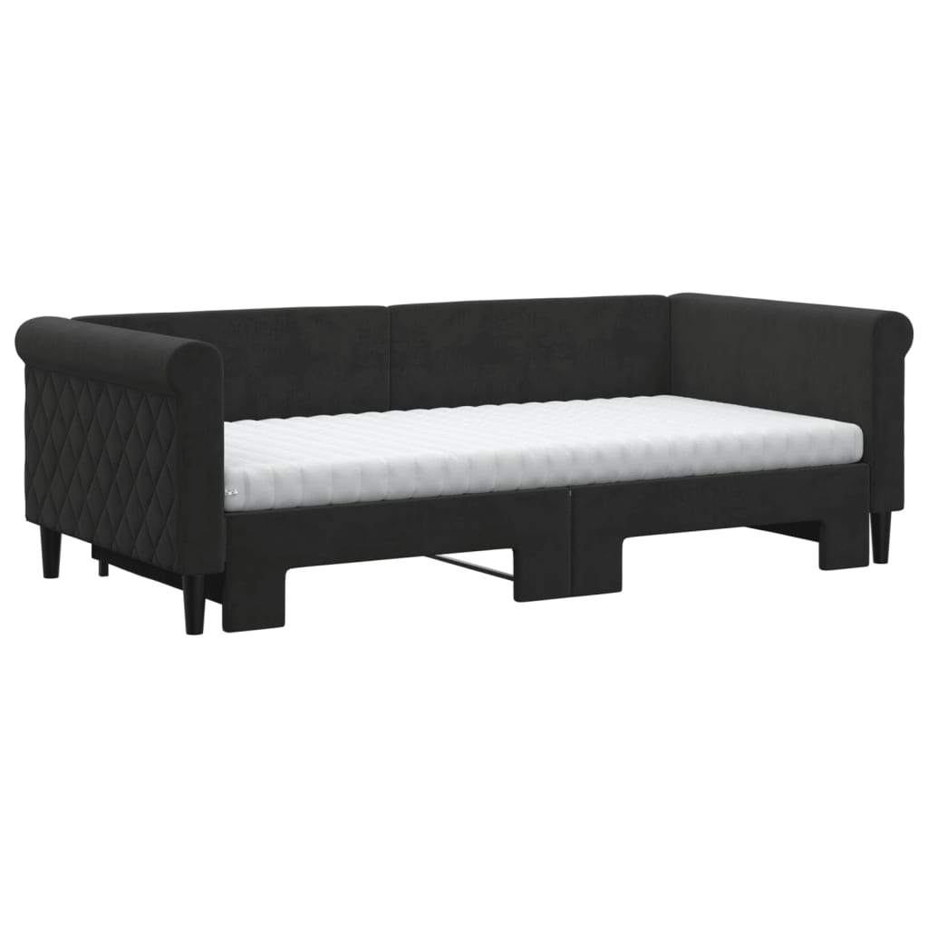 Slaapbank Onderschuifbed En Matrassen Fluweel 90 x 190 cm Zwart met onderschuifbed en matras