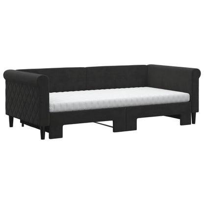 Slaapbank Onderschuifbed En Matrassen Fluweel 90 x 190 cm Zwart met onderschuifbed en matras