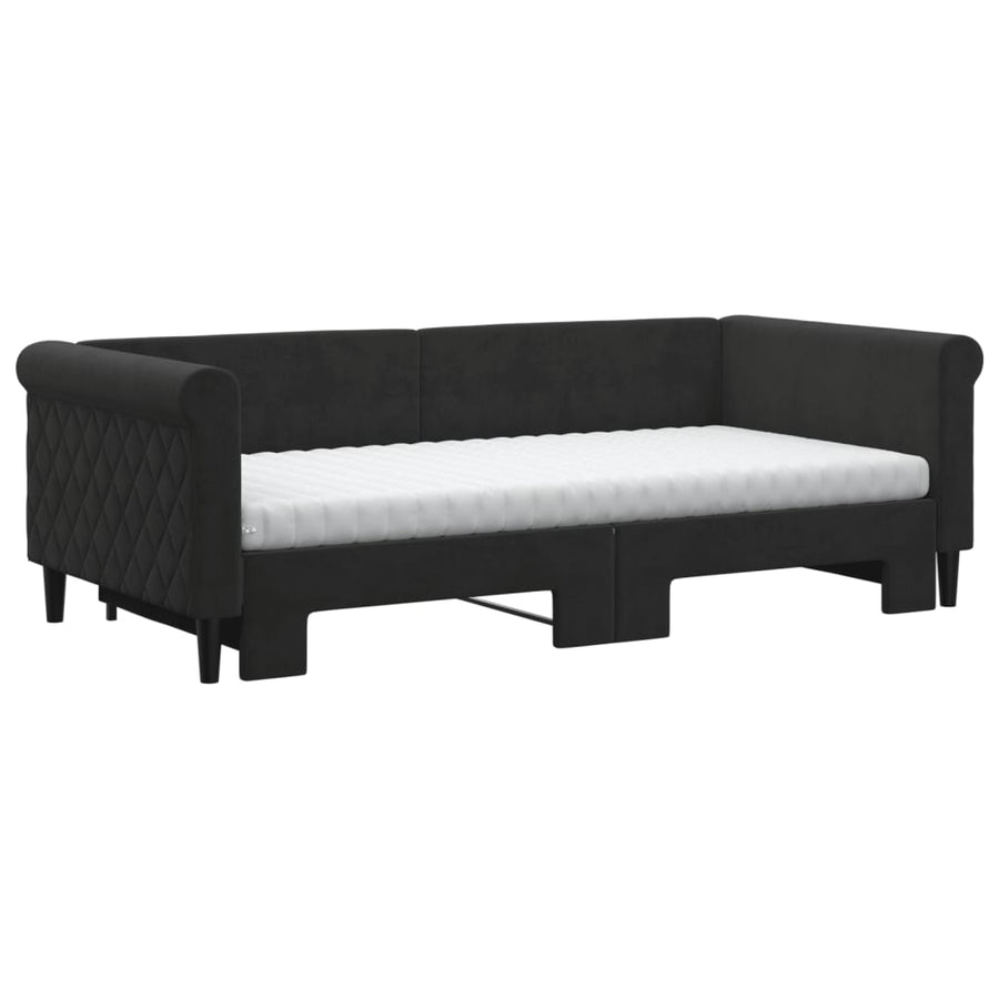 Slaapbank Onderschuifbed En Matrassen Fluweel 90 x 190 cm Zwart met onderschuifbed en matras
