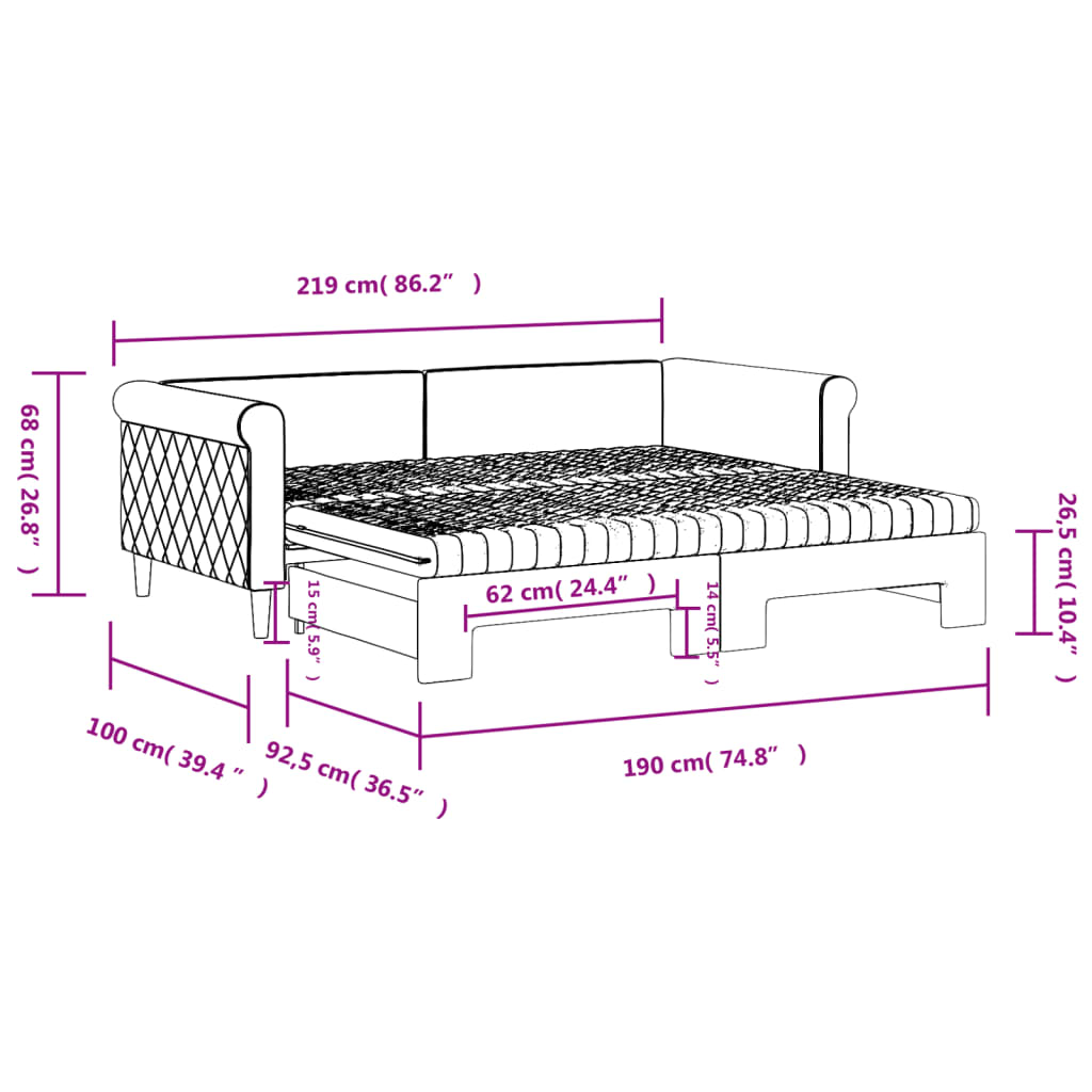 Slaapbank Onderschuifbed En Matrassen Fluweel 90 x 190 cm Zwart met onderschuifbed en matras