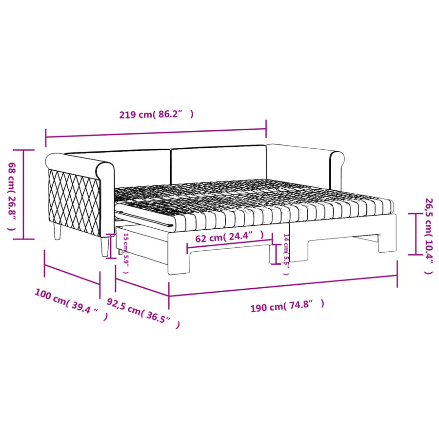 Slaapbank Onderschuifbed En Matrassen Fluweel 90 x 190 cm Zwart met onderschuifbed en matras