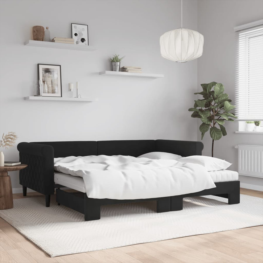 Slaapbank Onderschuifbed En Matrassen Fluweel 90 x 190 cm Zwart met onderschuifbed en matras