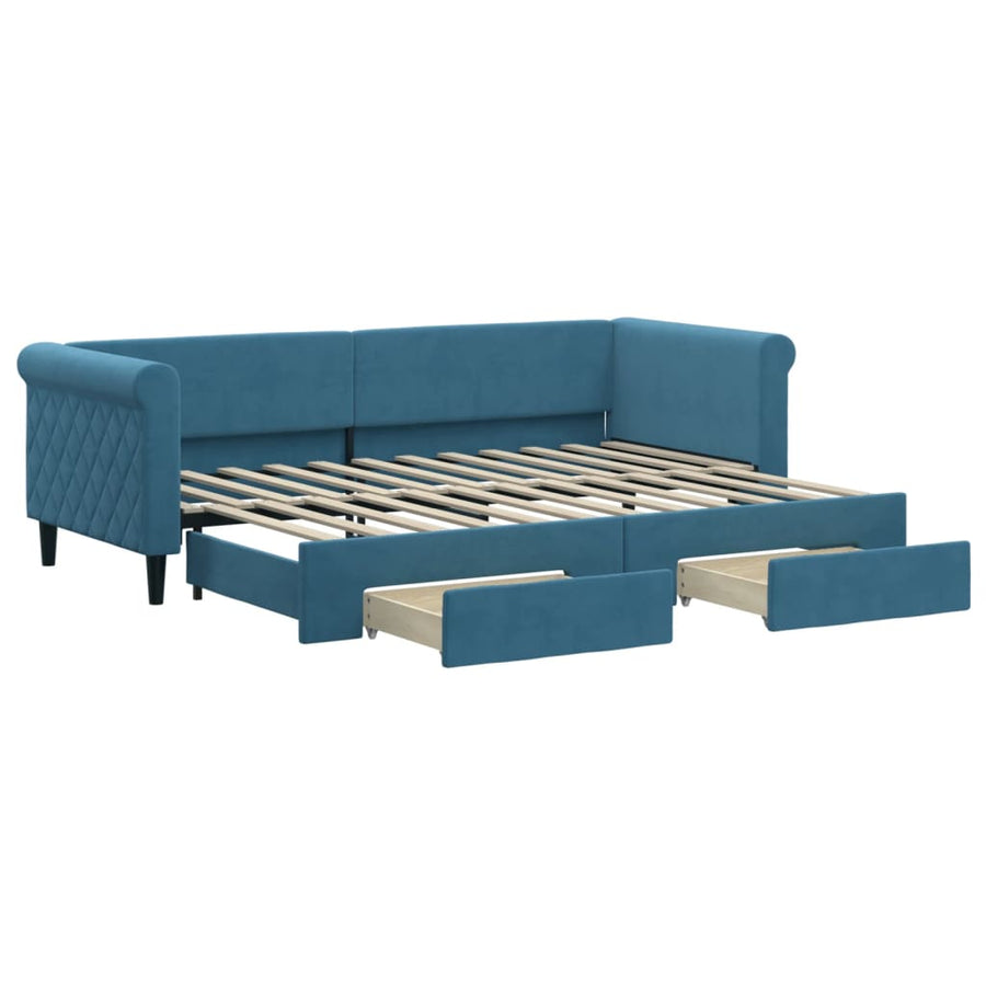 Slaapbank met onderschuifbed en lades 80x200 cm fluweel blauw