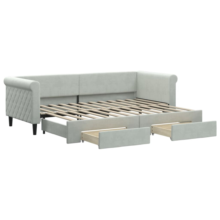 Slaapbank Onderschuifbed En Lades Fluweel 80 x 200 cm Lichtgrijs met onderschuifbed en lade