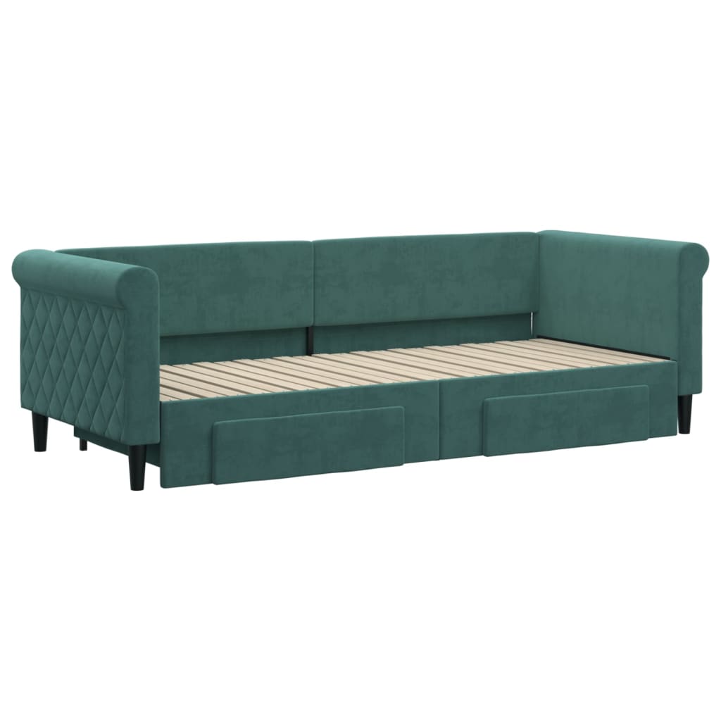 Slaapbank Onderschuifbed En Lades Fluweel Donkergroen 80 x 200 cm met onderschuifbed en lade