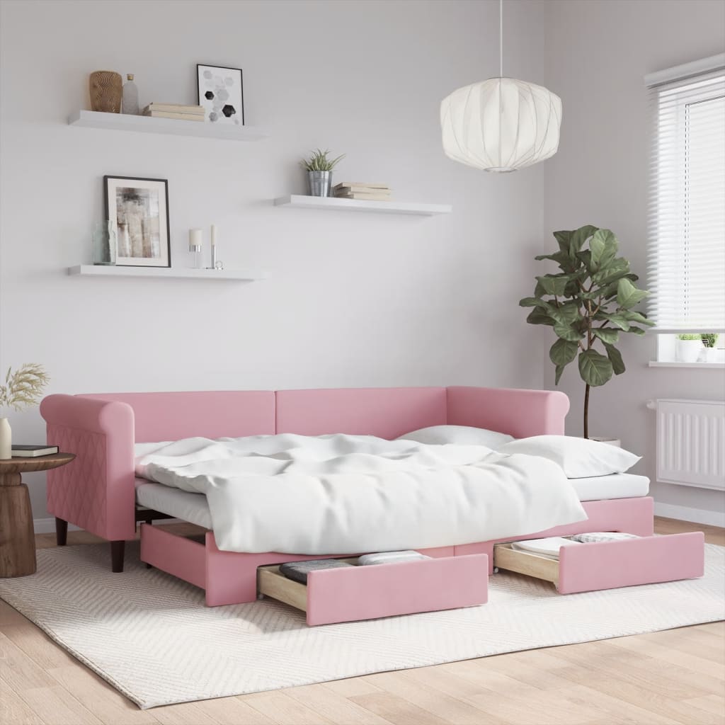Slaapbank met onderschuifbed en lades 80x200 cm fluweel roze