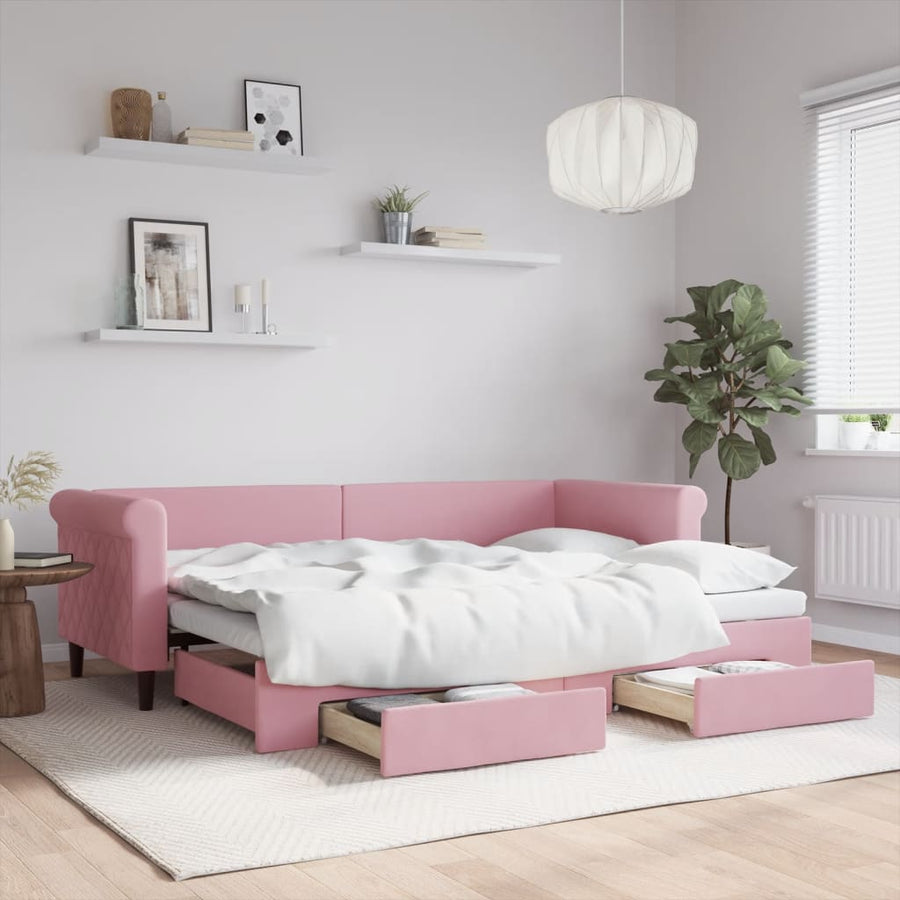 Slaapbank met onderschuifbed en lades 80x200 cm fluweel roze