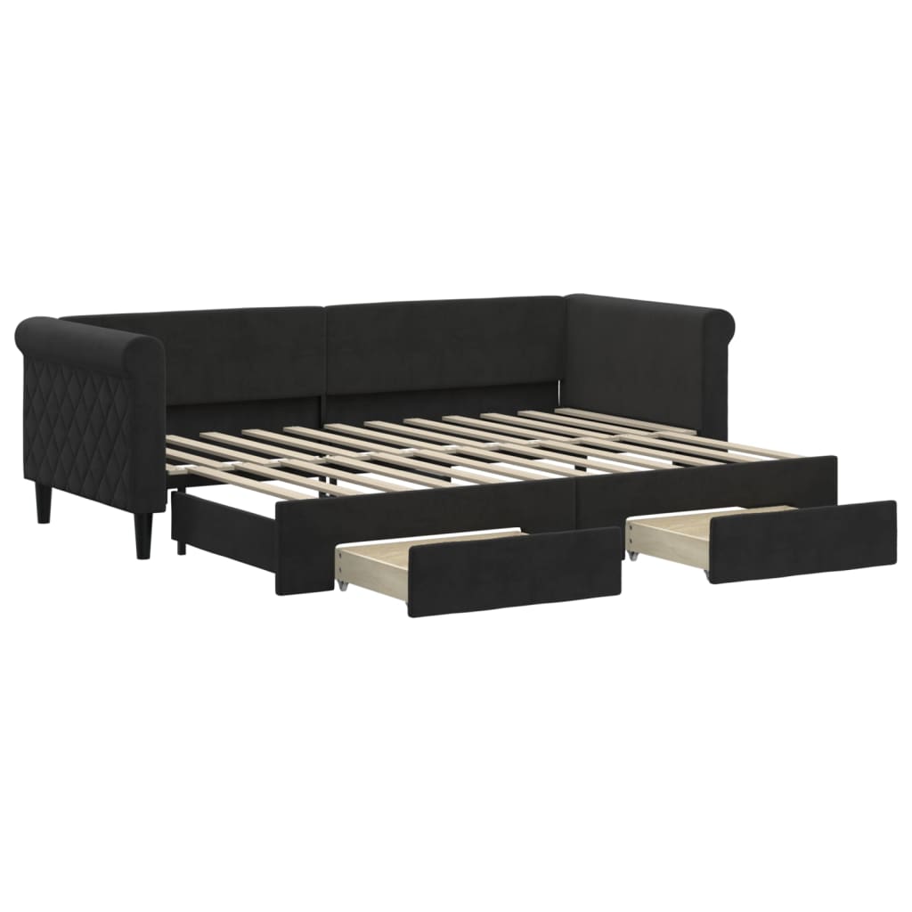 Slaapbank S Fluweel 80 x 200 cm Zwart met onderschuifbed en lade