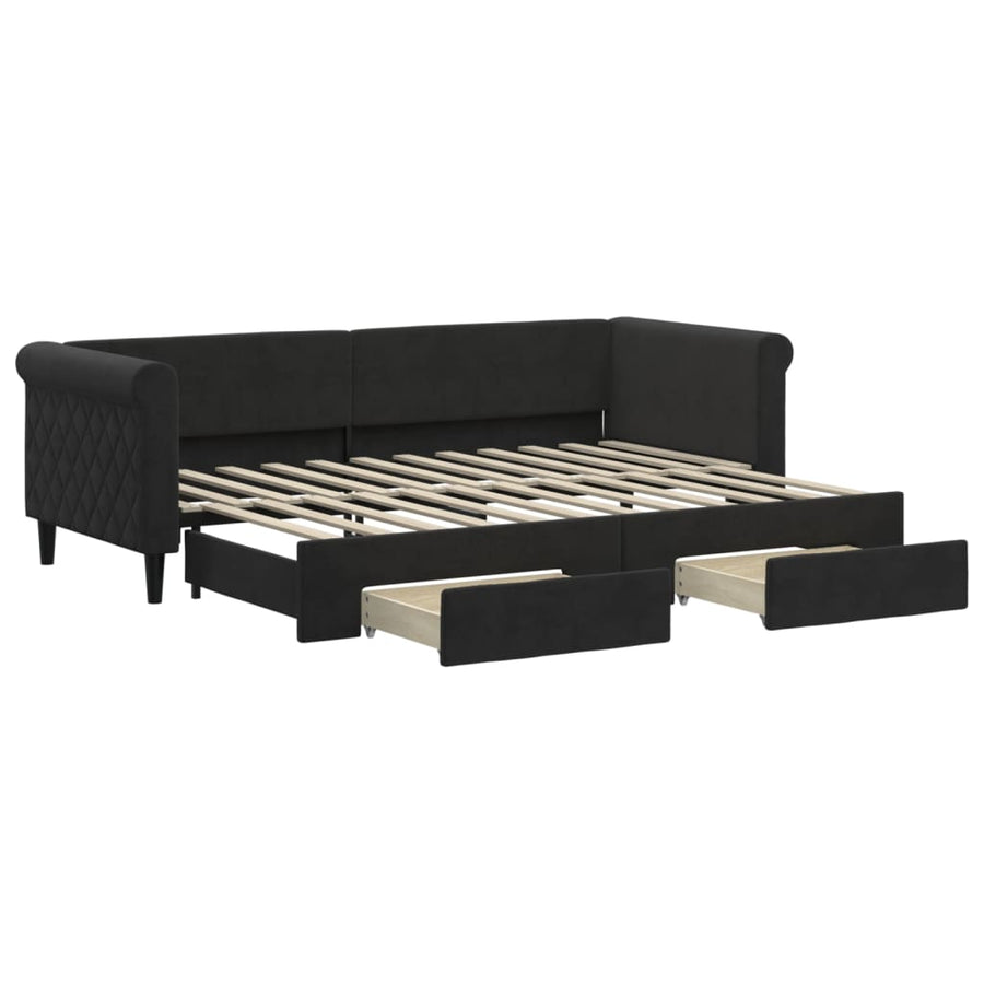 Slaapbank S Fluweel 80 x 200 cm Zwart met onderschuifbed en lade