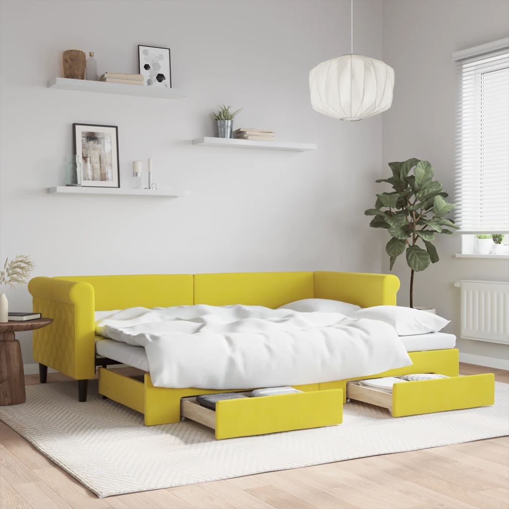 Slaapbank S Fluweel 80 x 200 cm Geel met onderschuifbed en lade