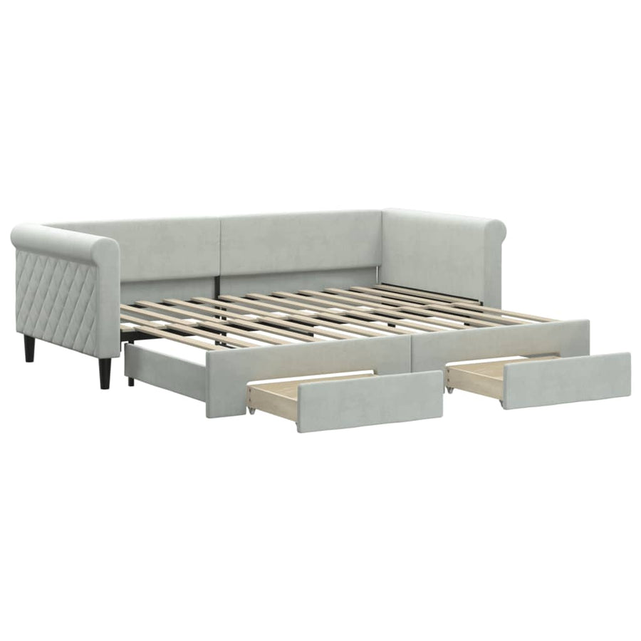Slaapbank Onderschuifbed En Lades Fluweel 90 x 200 cm Lichtgrijs met onderschuifbed en lade